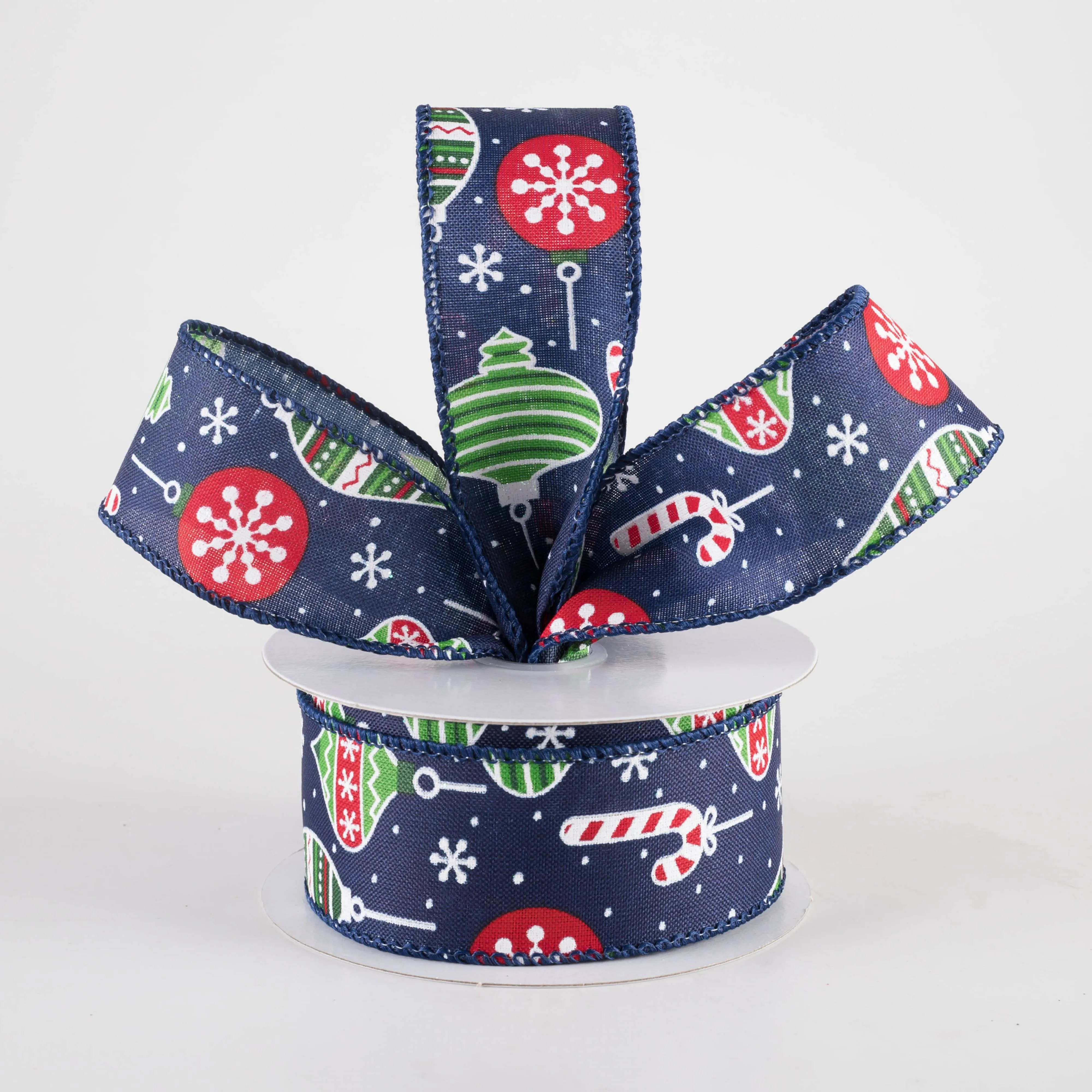 1.5" Hanging Christmas Ornaments Ribbon: Red & Green on Navy (10 Yards)