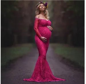 Babymoon Lace Off Shoulder Maternity Gown Dress  - Pink