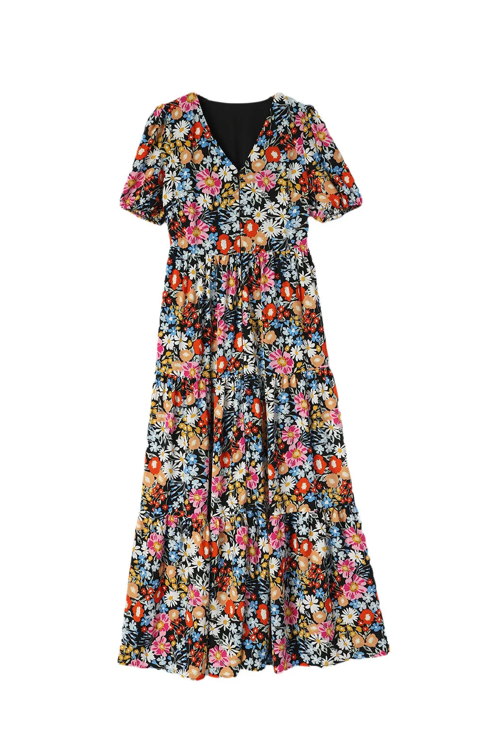 Black Short Sleeve Boho Floral Pattern Tiered Maxi Dress