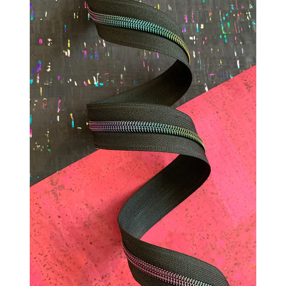 Black Zipper Tape with Dark Rainbow Teeth - 3 yards
