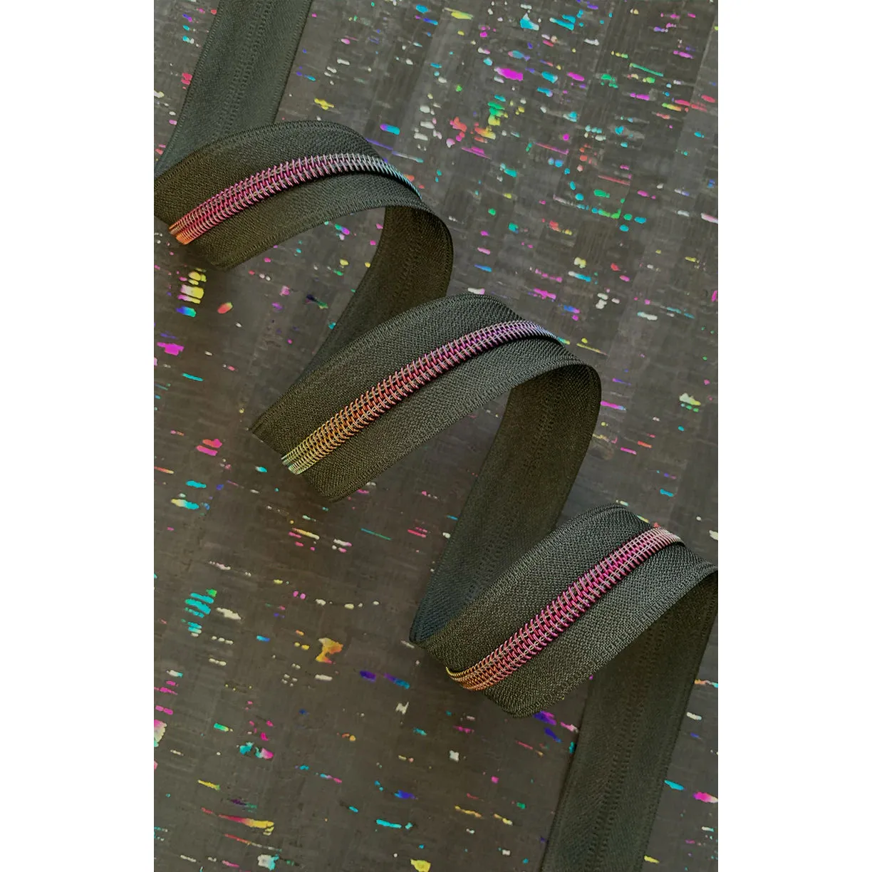 Black Zipper Tape with Dark Rainbow Teeth - 3 yards