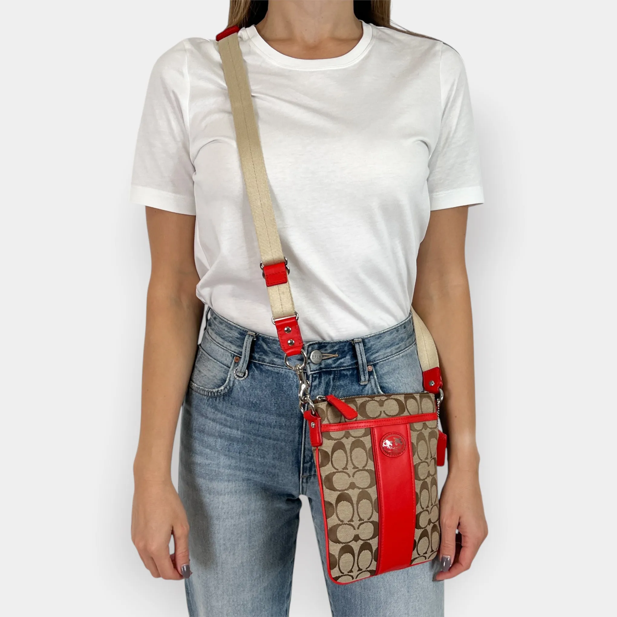 Coach Red Leather & Canvas Legacy Swingpack Crossbody Bag