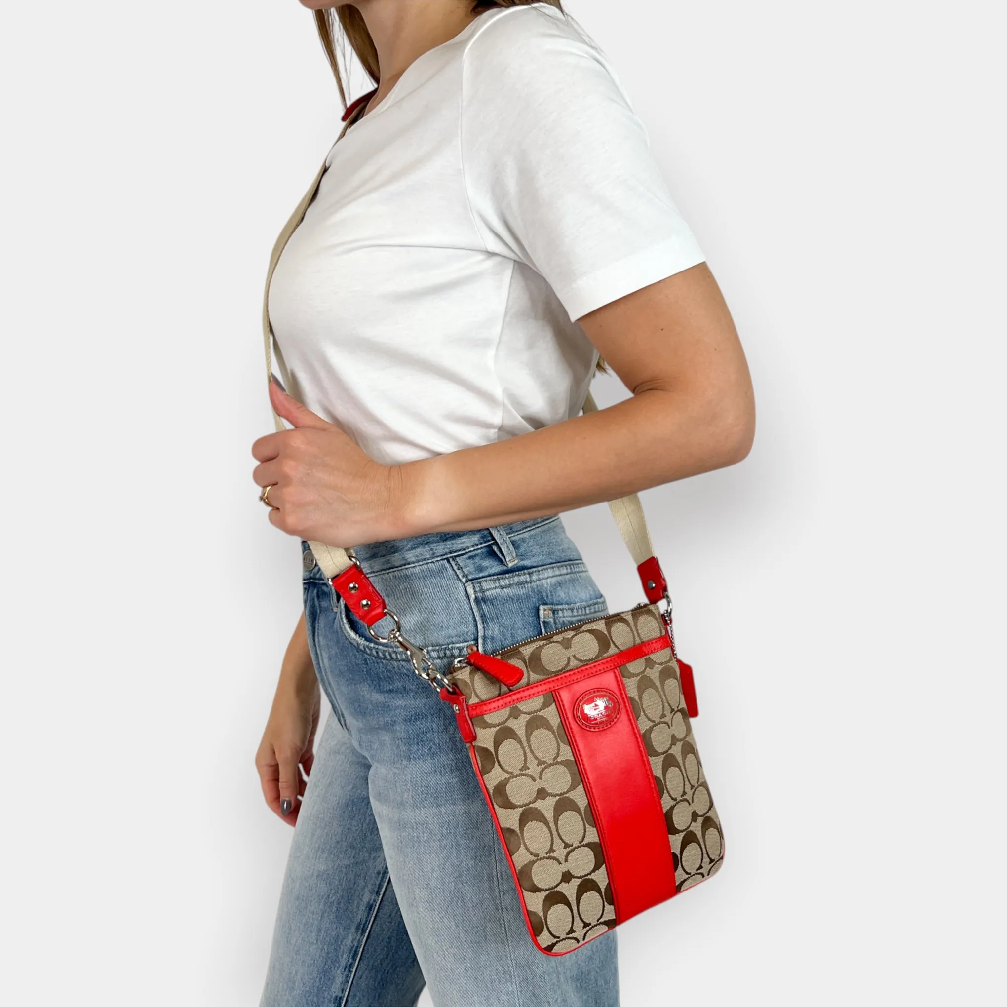 Coach Red Leather & Canvas Legacy Swingpack Crossbody Bag