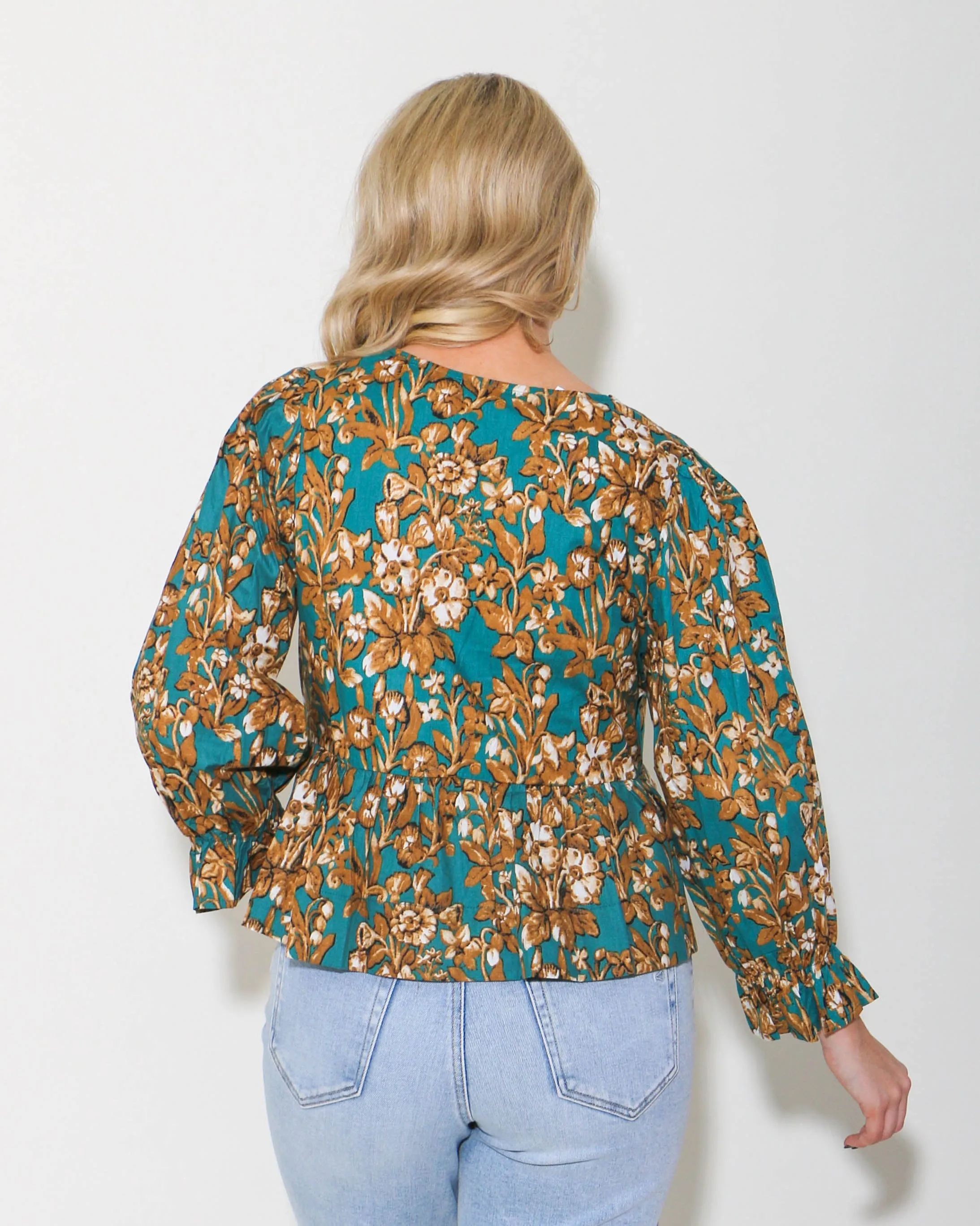 Emerald Floral 3/4 Sleeve Peplum Top