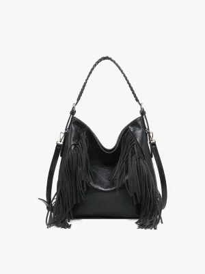 Jen & Co Sav Distressed Hobo With Fringe Detail In Black