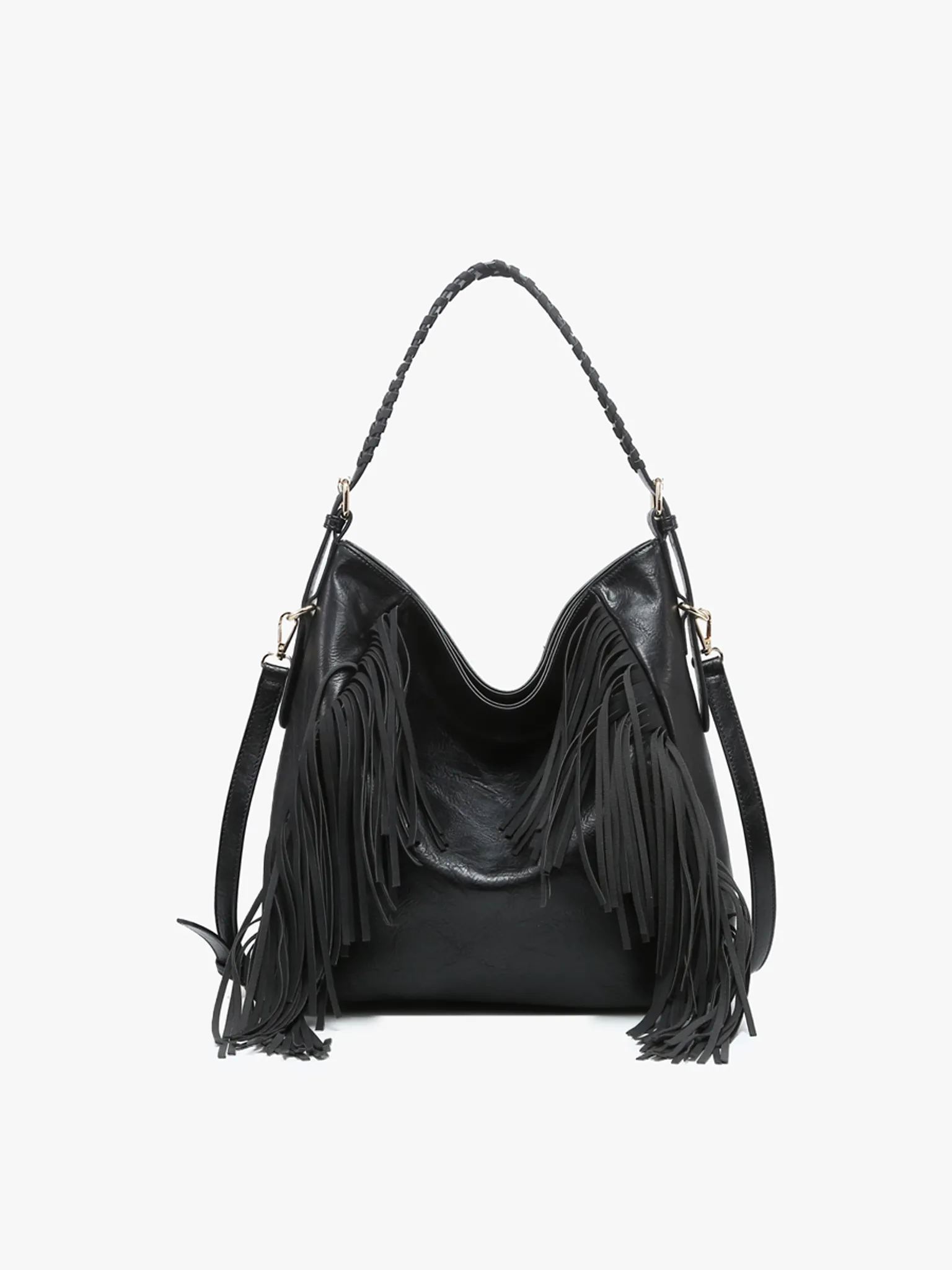 Jen & Co Sav Distressed Hobo With Fringe Detail In Black