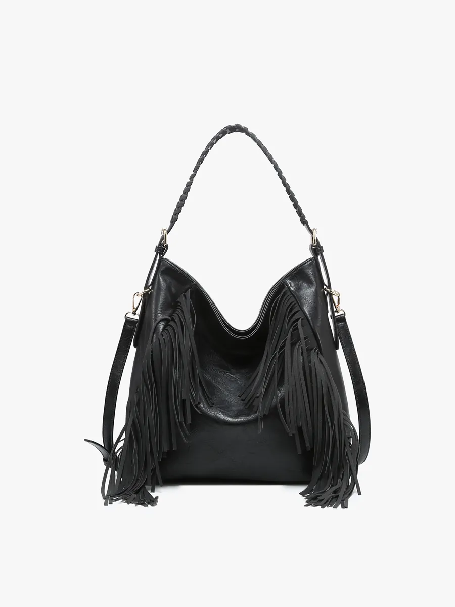 Jen & Co Sav Distressed Hobo With Fringe Detail In Black
