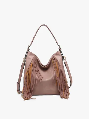 Jen & Co Sav Distressed Hobo With Fringe Detail In Mauve