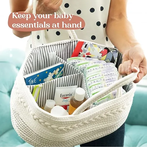 Large Cotton Rope Diaper Caddy Organizer – Portable Baby Storage Basket with Removable Divider