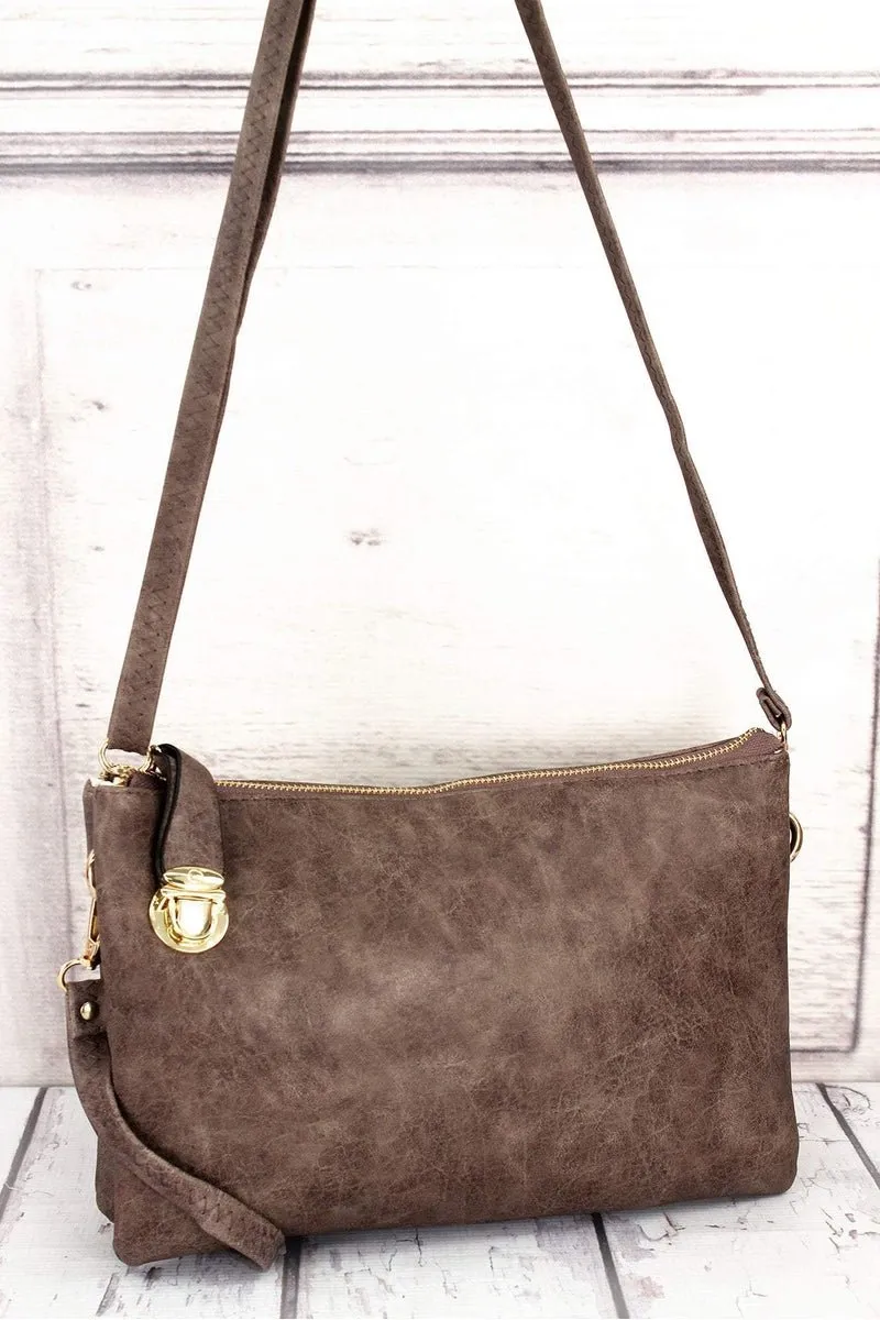 NGIL Taupe Brown Faux Leather Buckle Lock Crossbody Clutch