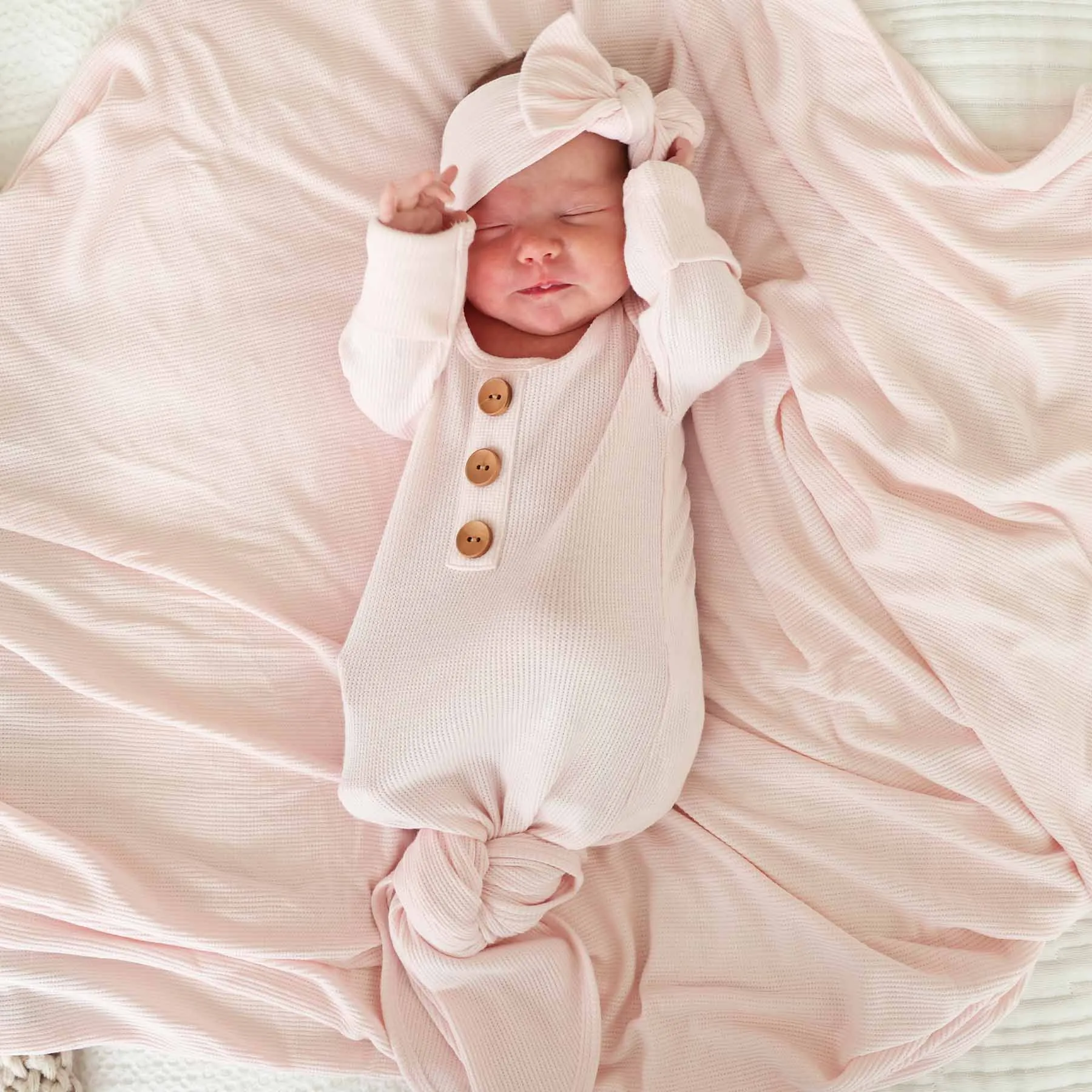 Pearl Pink Waffle Bamboo Newborn Baby Knot Gown & Hat Set