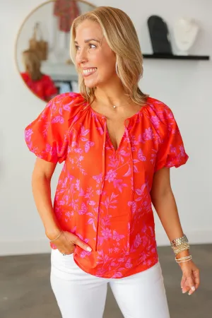 Printed Balloon Sleeve Top - Red