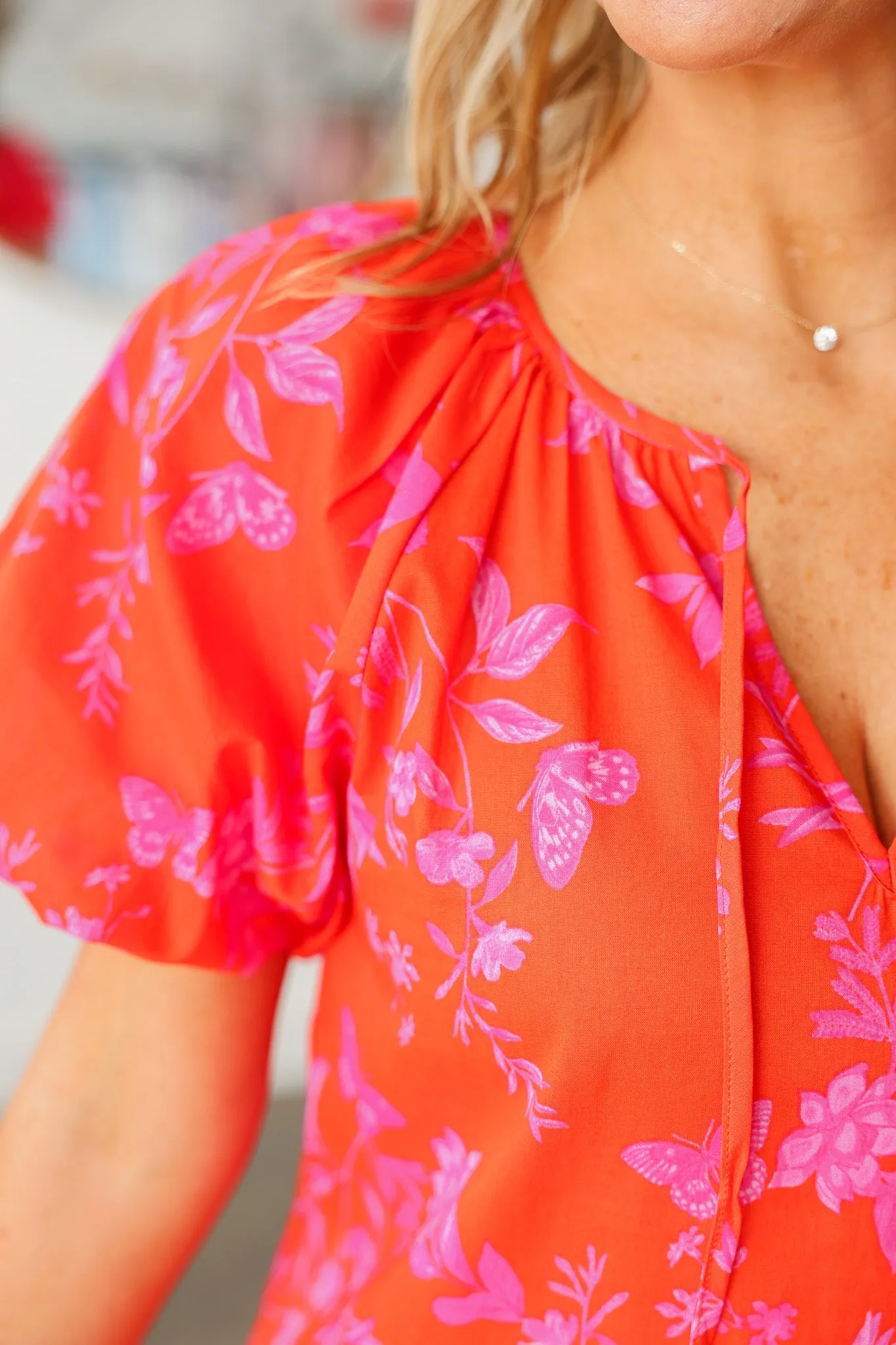 Printed Balloon Sleeve Top - Red