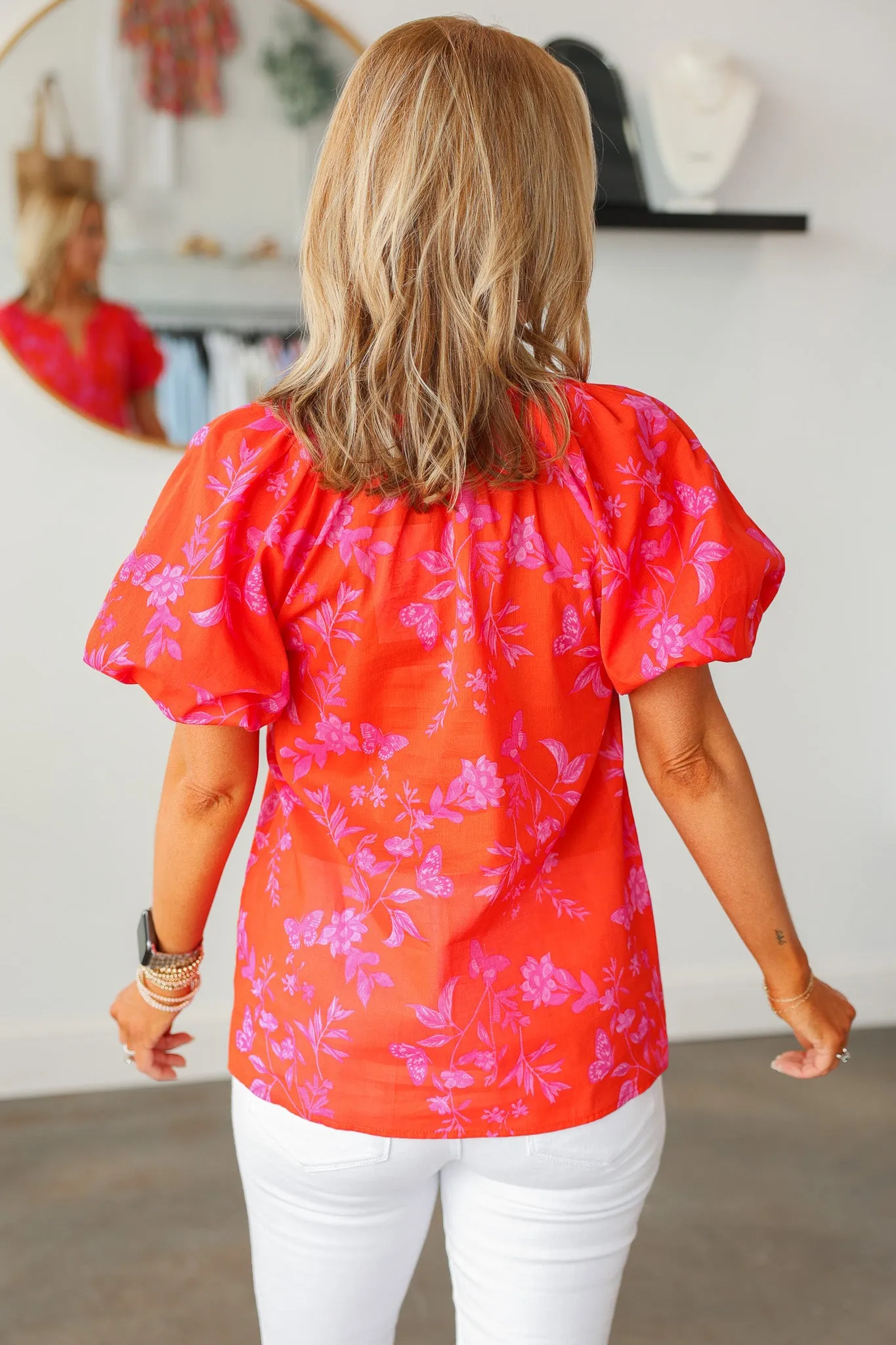 Printed Balloon Sleeve Top - Red