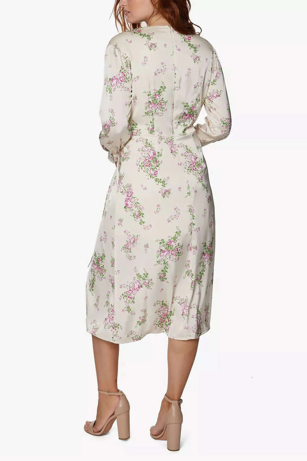 Sage Collective V-Neck Long Sleeve Tie Waist Zipper Back Slit Front Floral Print Chiffon Dress