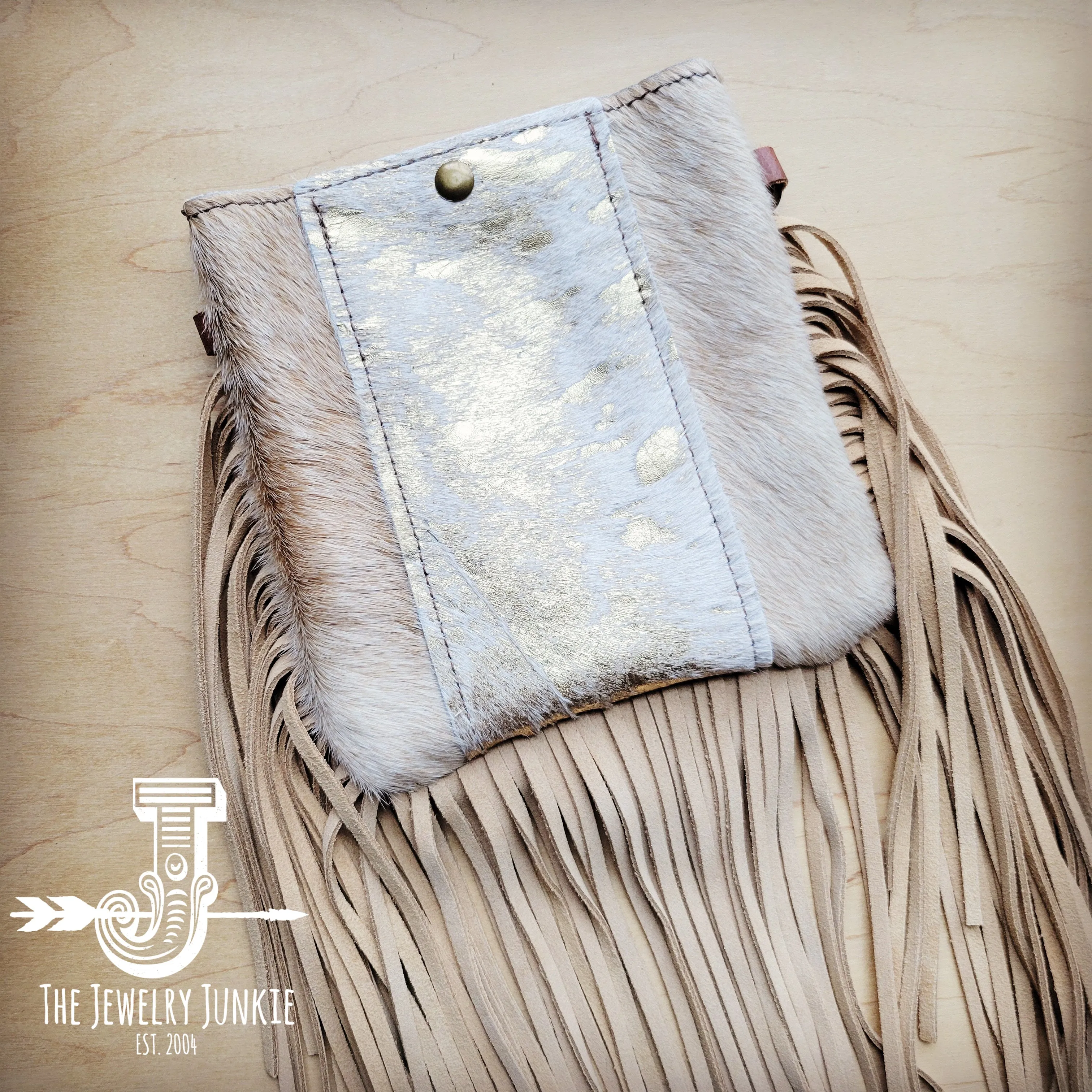 **Small Crossbody Handbag Leather Cream Metallic Hide w/ Full Fringe 514L