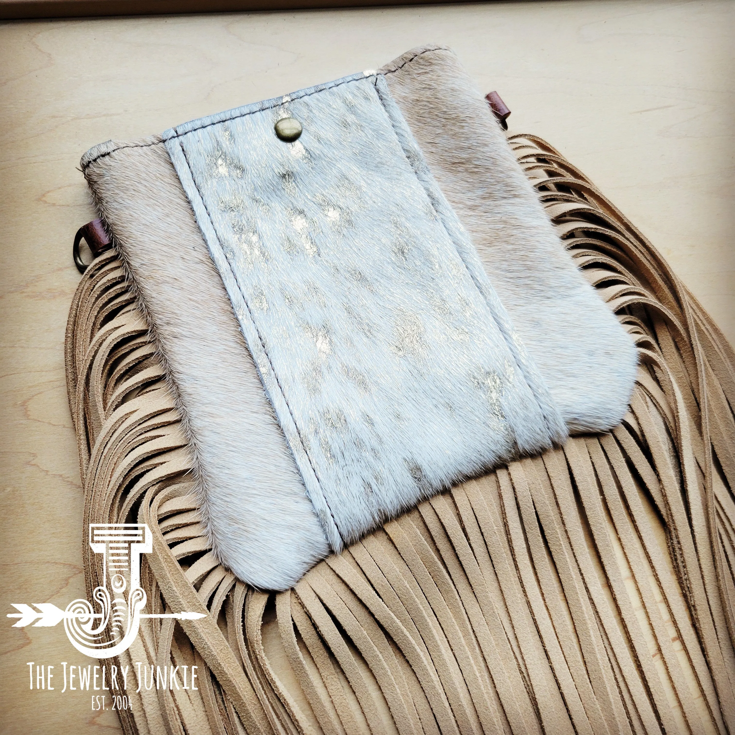**Small Crossbody Handbag Leather Cream Metallic Hide w/ Full Fringe 514L
