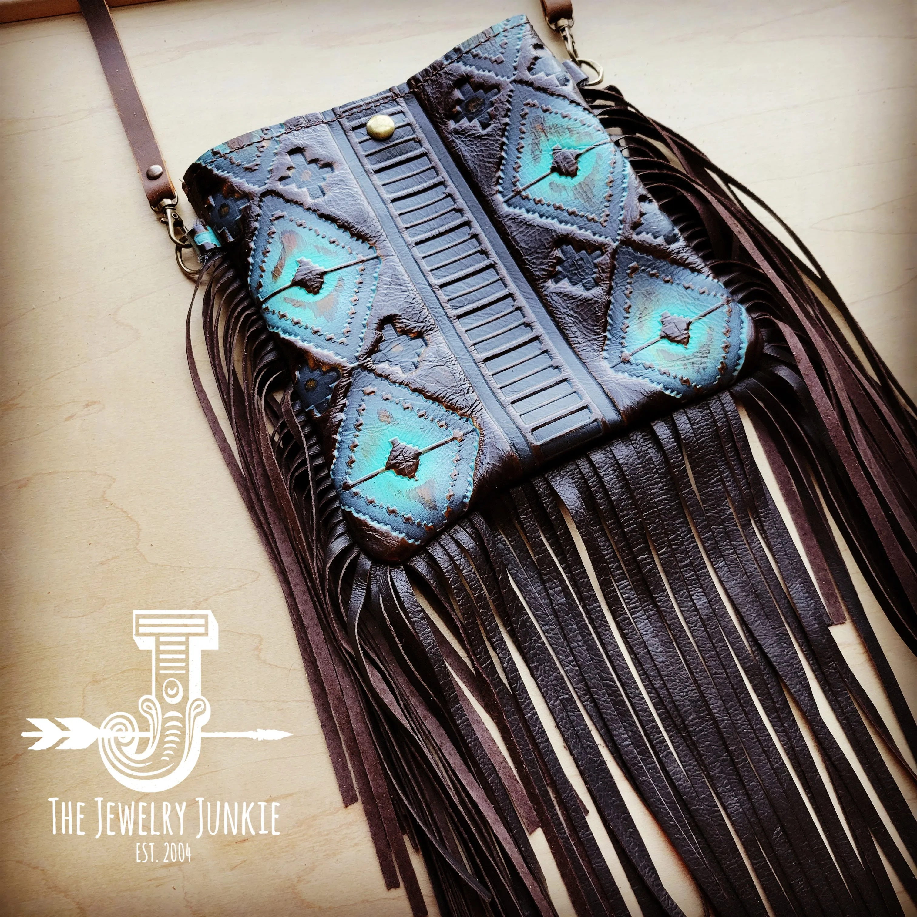 **Small Crossbody Handbag w/ Blue Navajo Leather Full Fringe 507r