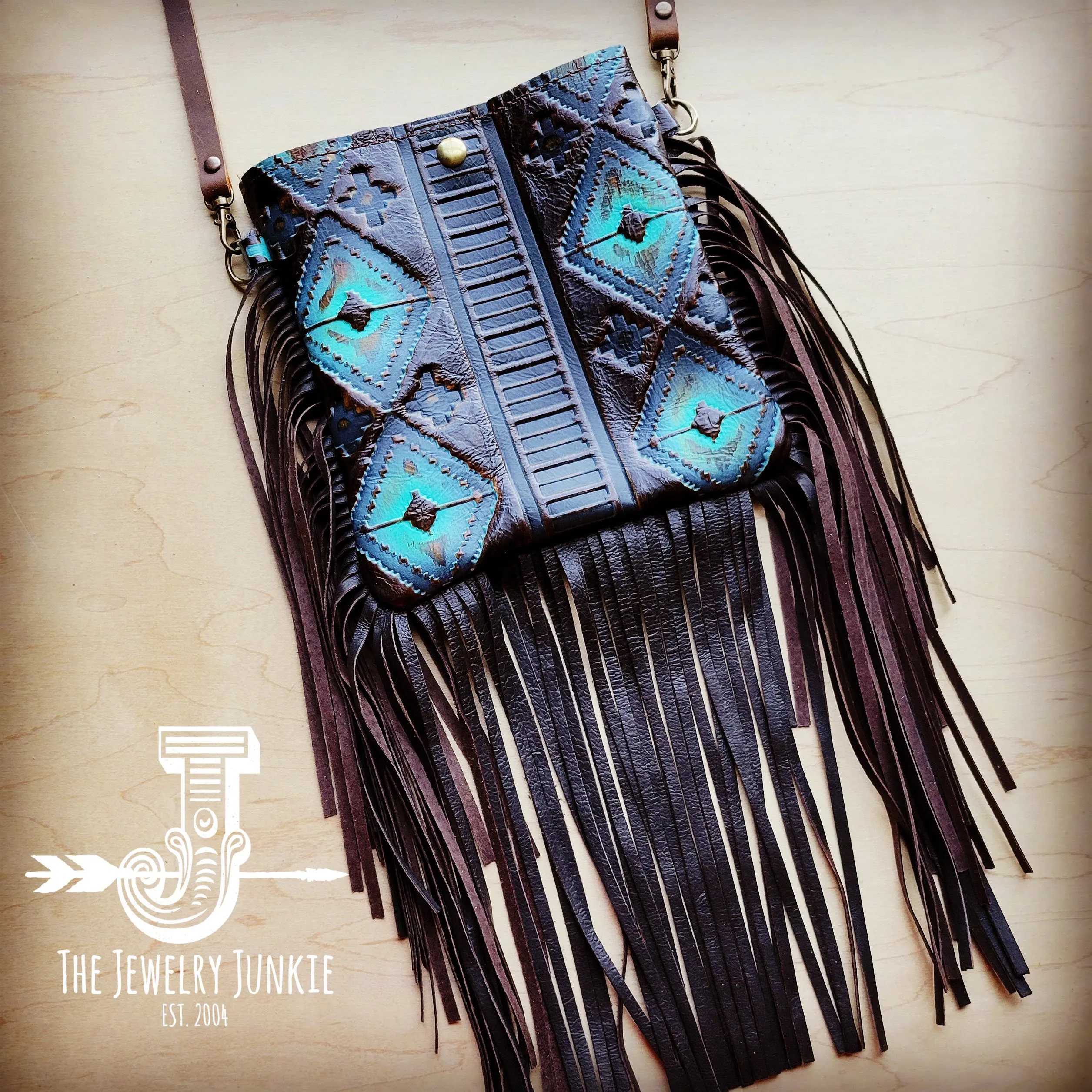 **Small Crossbody Handbag w/ Blue Navajo Leather Full Fringe 507r