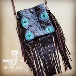 **Small Crossbody Handbag w/ Blue Navajo Leather Full Fringe 507r