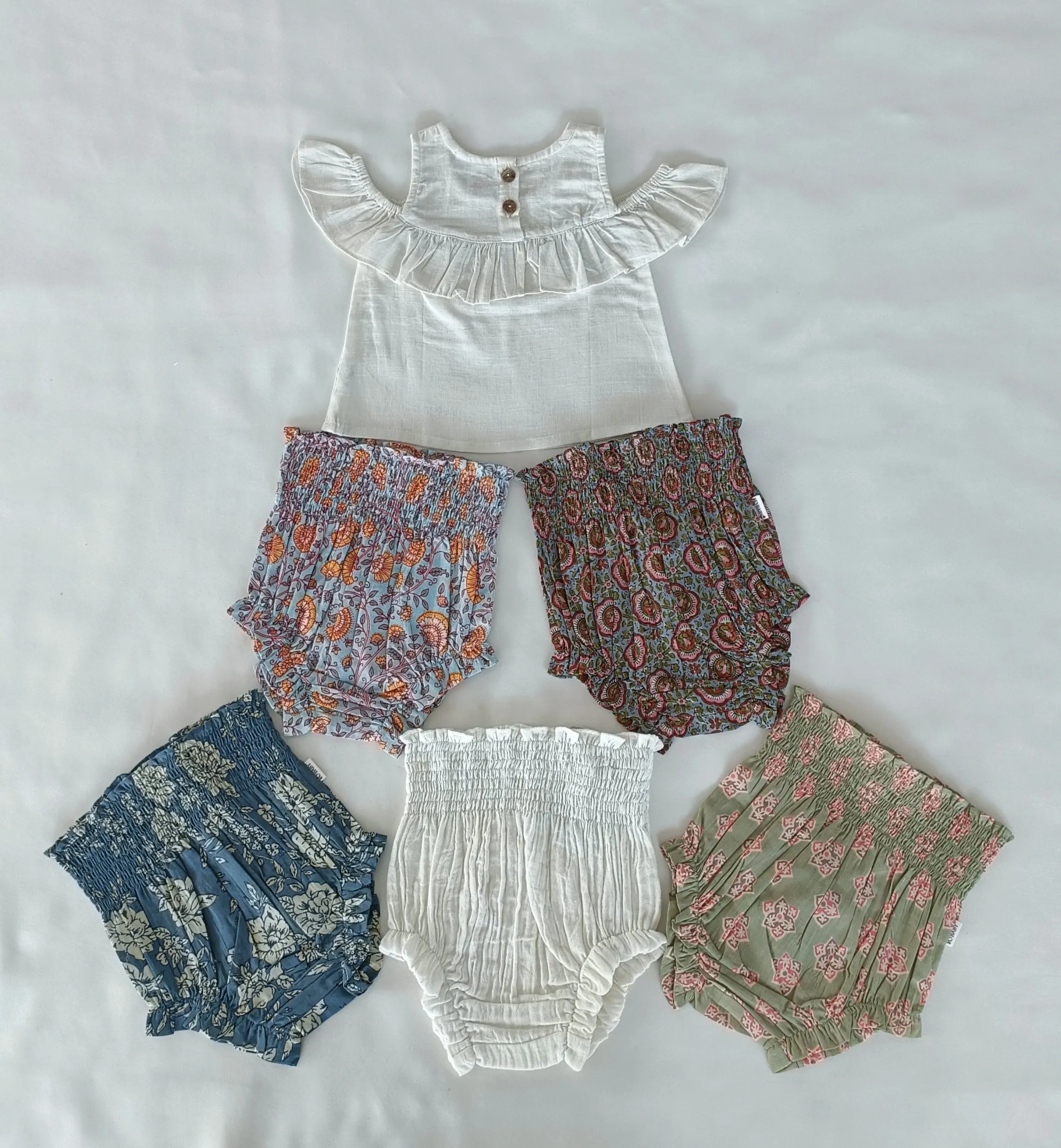White Cold-Shoulder Top & Printed High-Waisted Smocked Diaper Cover 6pcs Set