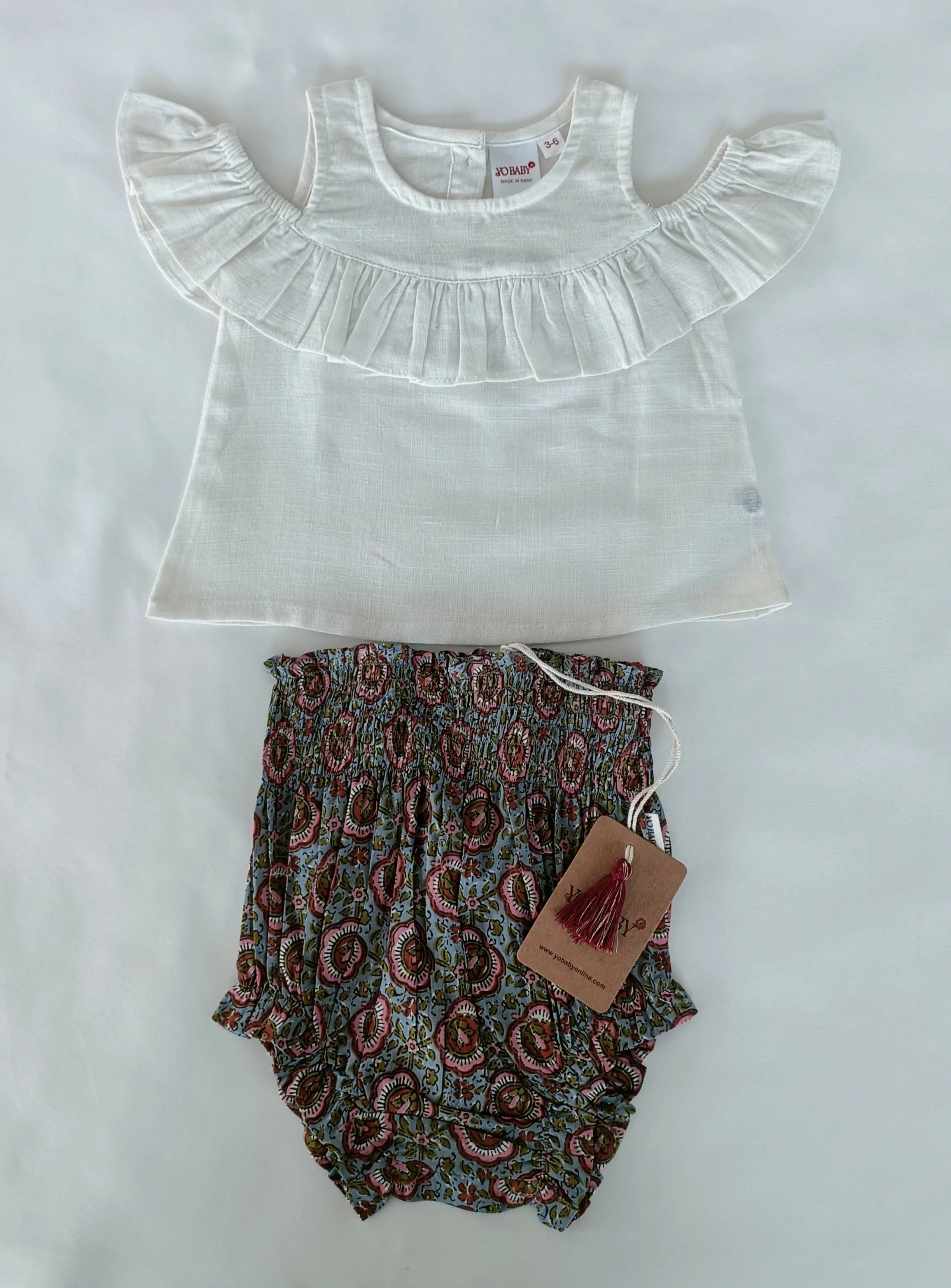 White Cold-Shoulder Top & Printed High-Waisted Smocked Diaper Cover 6pcs Set