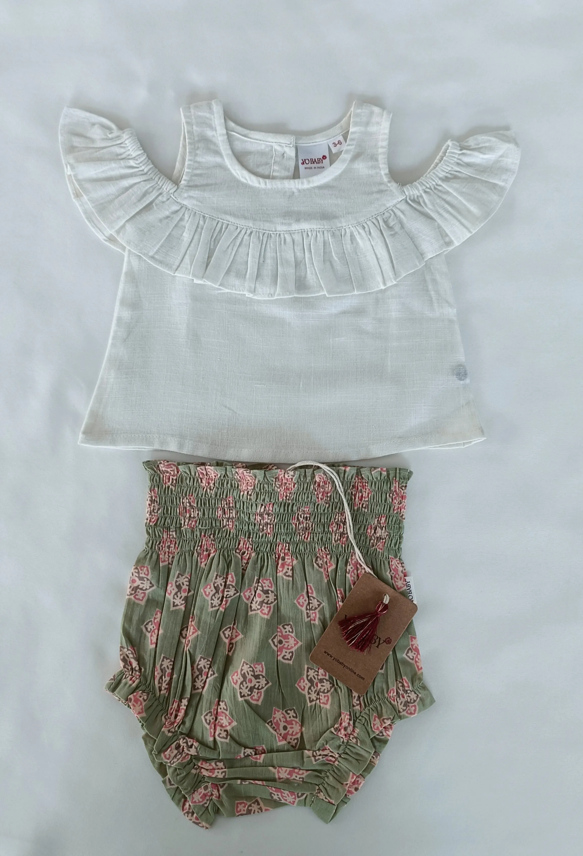 White Cold-Shoulder Top & Printed High-Waisted Smocked Diaper Cover 6pcs Set