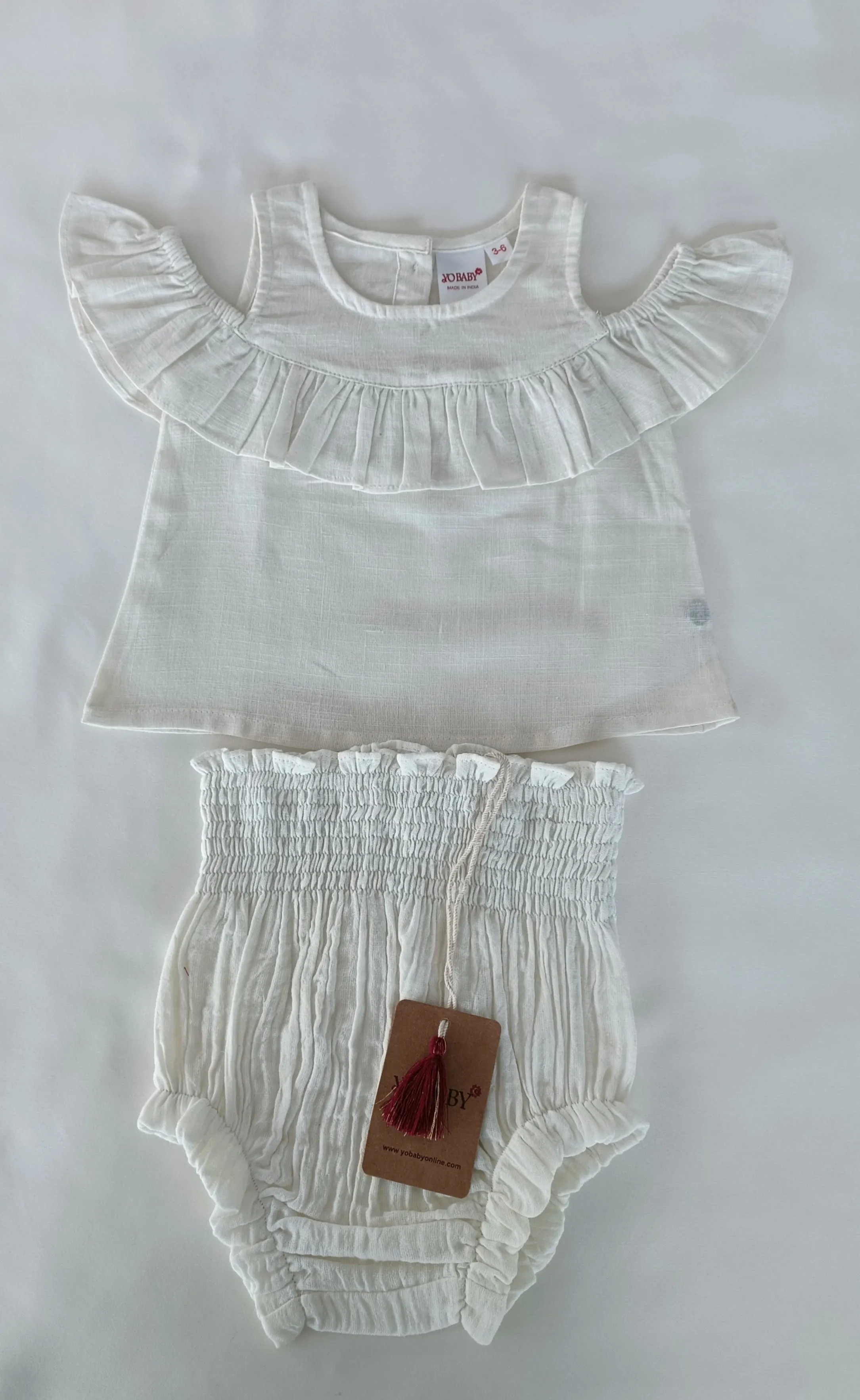 White Cold-Shoulder Top & Printed High-Waisted Smocked Diaper Cover 6pcs Set