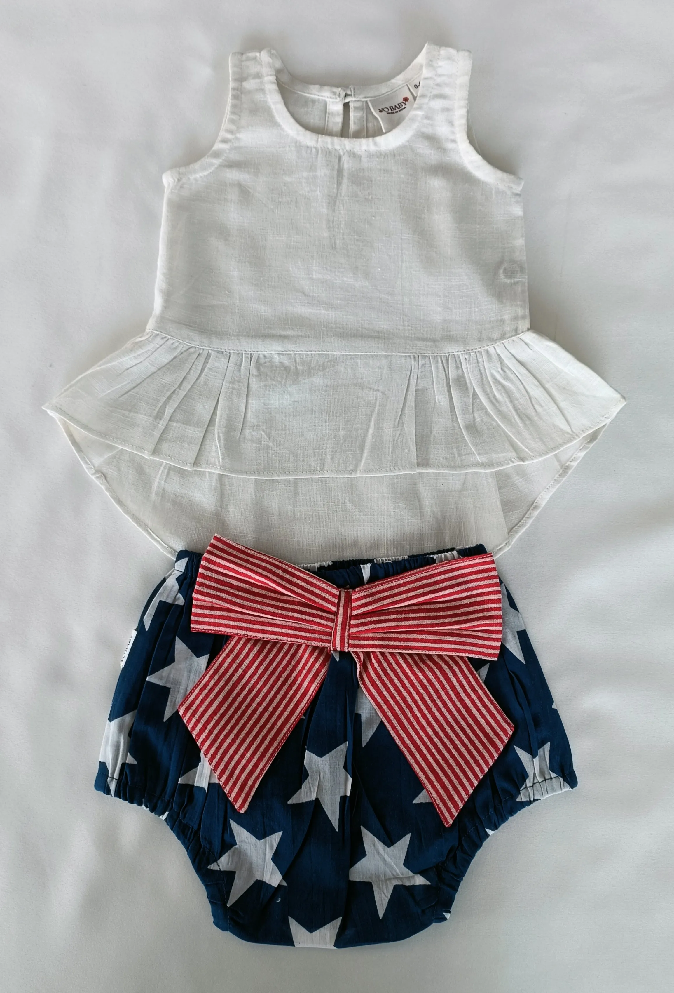White High-Low Ruffled Top & Short-Style Belted Diaper Cover - 5pcs Set