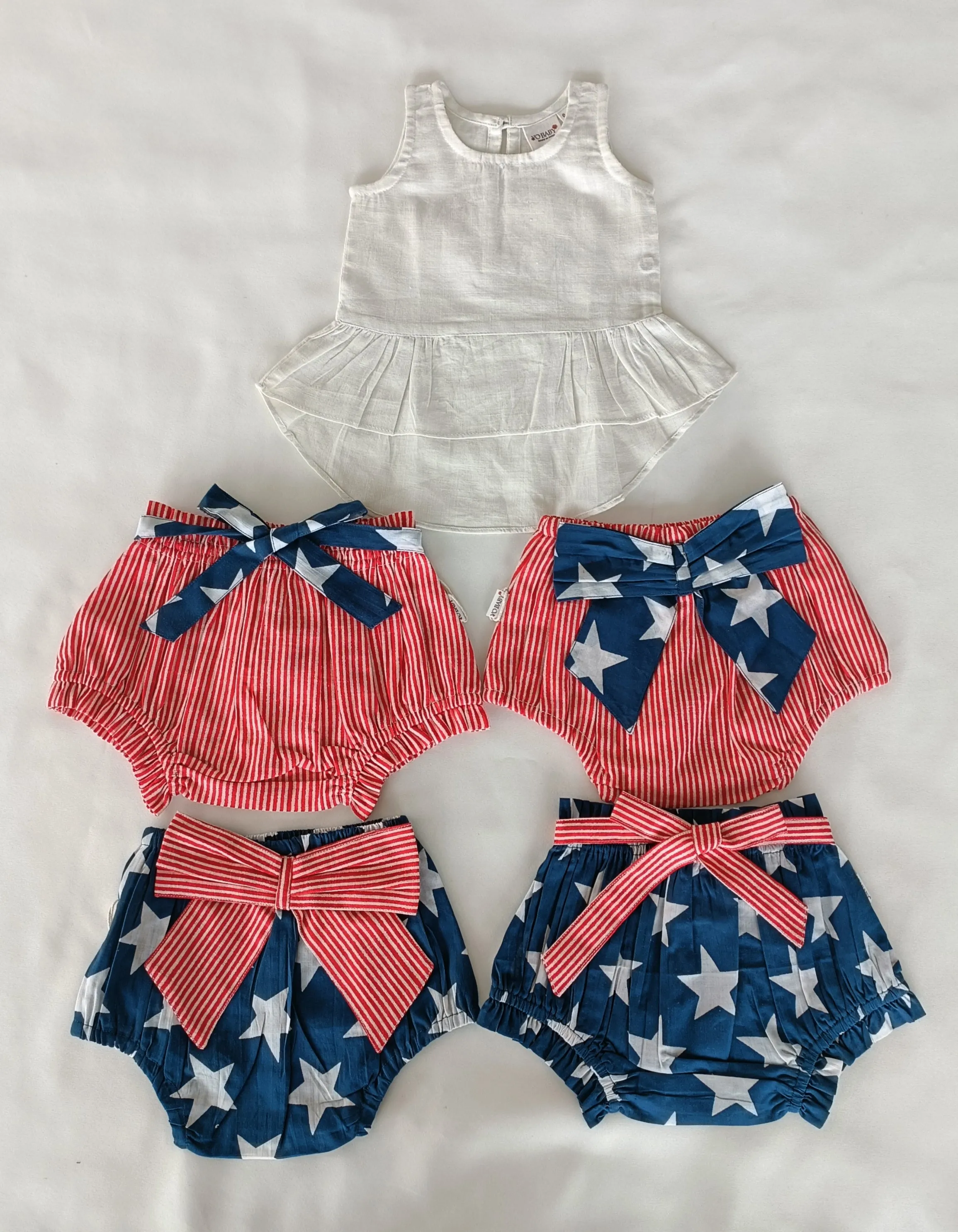 White High-Low Ruffled Top & Short-Style Belted Diaper Cover - 5pcs Set