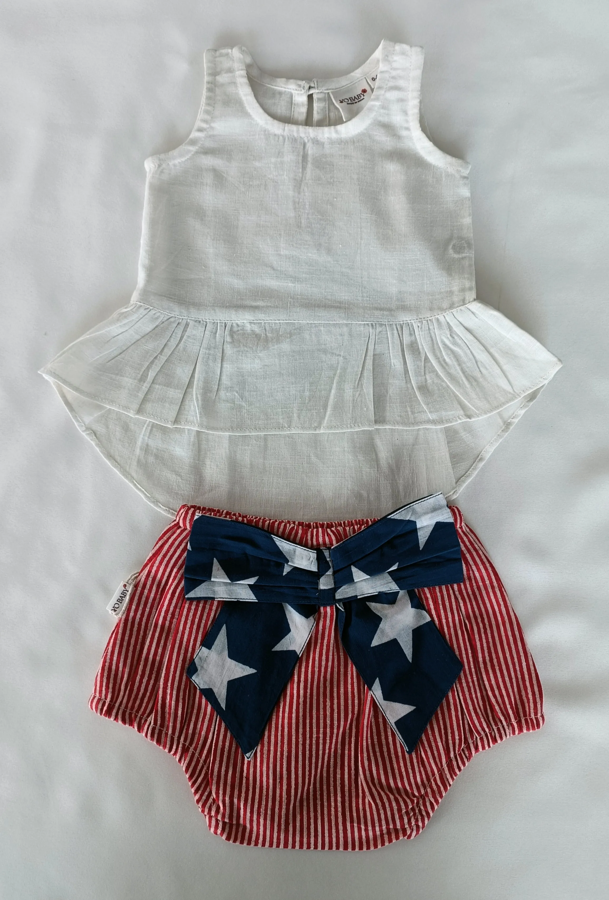 White High-Low Ruffled Top & Short-Style Belted Diaper Cover - 5pcs Set