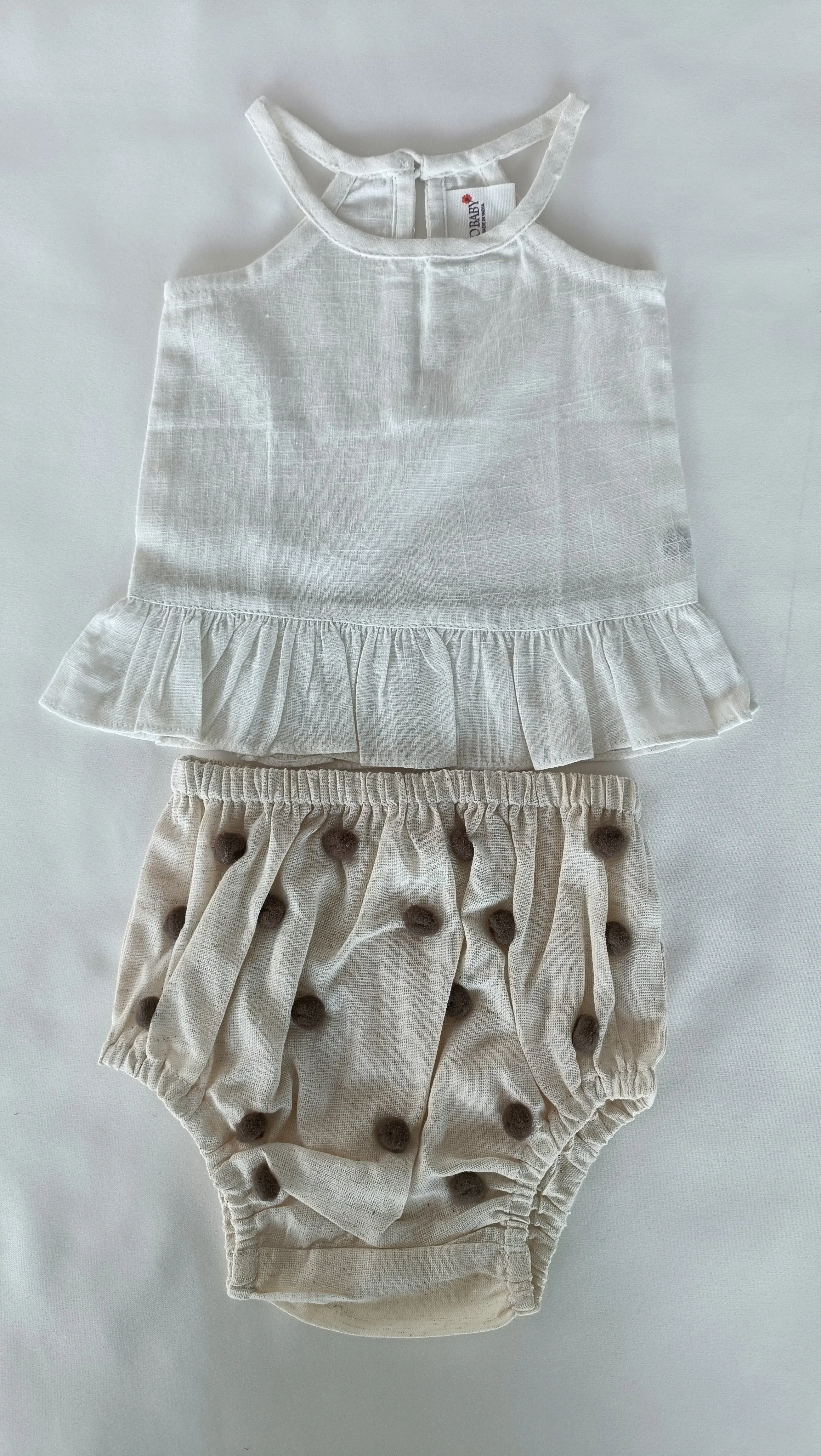White Ruffle Top & Ivory Diaper Cover With Pom-Poms - 6pcs Set