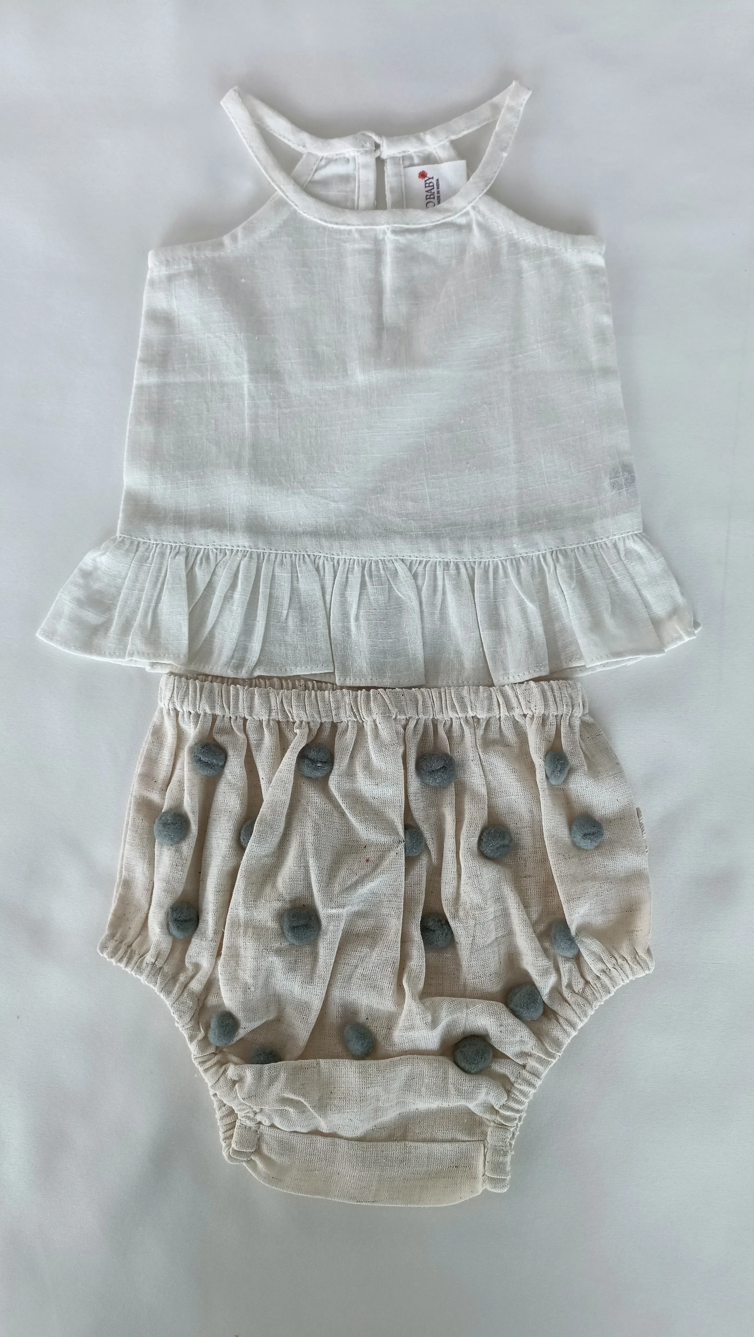 White Ruffle Top & Ivory Diaper Cover With Pom-Poms - 6pcs Set