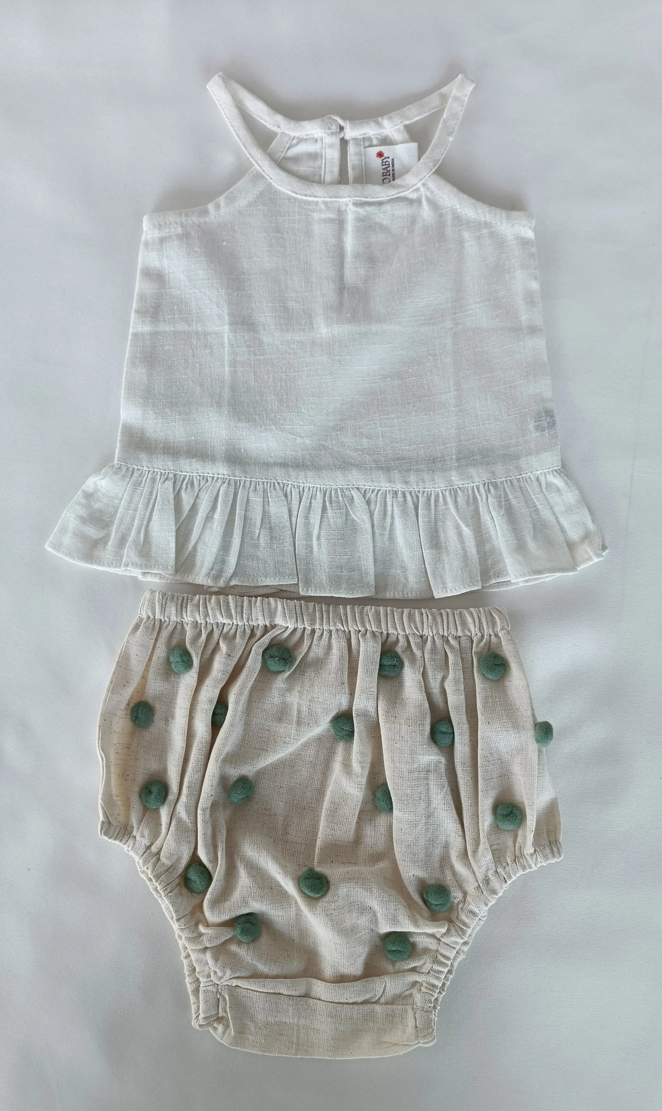 White Ruffle Top & Ivory Diaper Cover With Pom-Poms - 6pcs Set