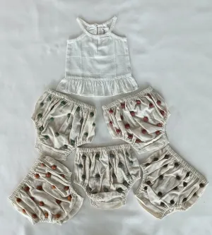 White Ruffle Top & Ivory Diaper Cover With Pom-Poms - 6pcs Set